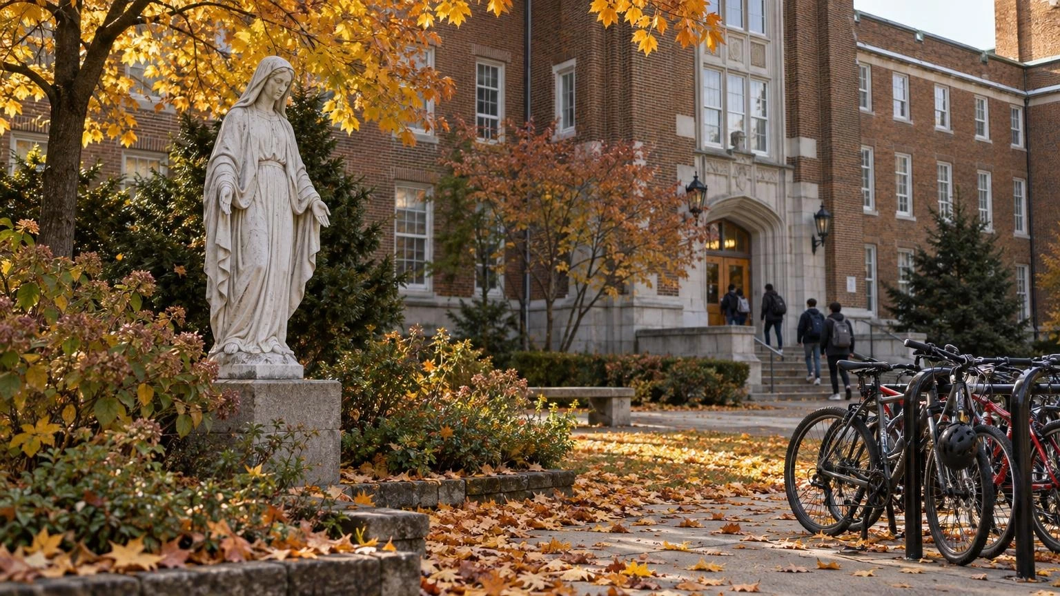A stone statue of Mary in a courtyard outside a red brick school building, with autumn leaves scattered on the ground.