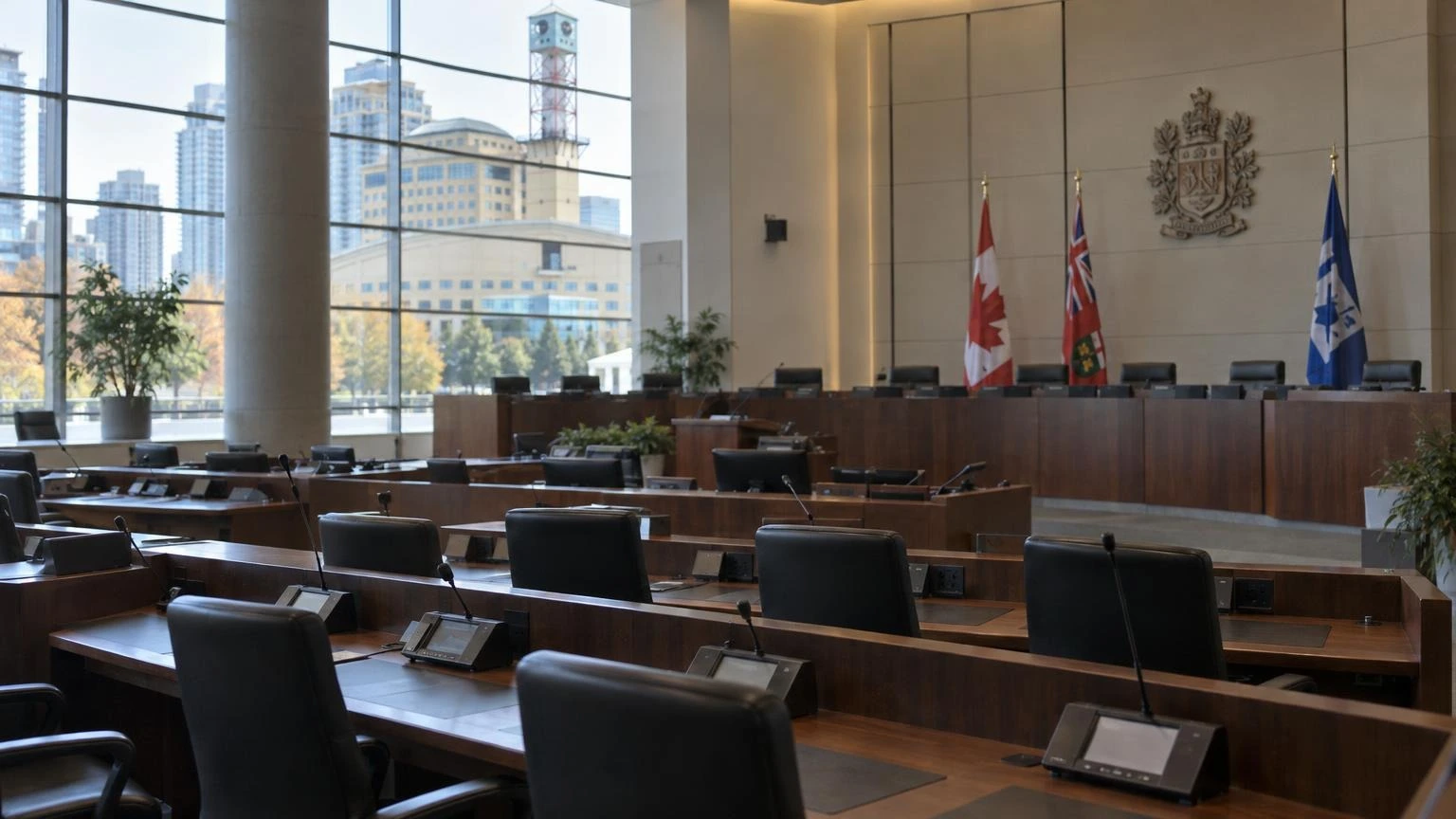 An empty municipal council chamber with wooden desks and microphones.