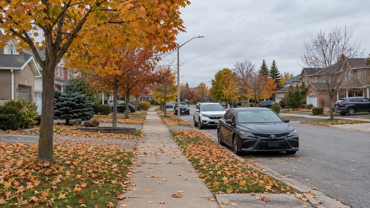A quiet residential street in a suburban Ontario neighbourhood during autumn, with fallen leaves on the sidewalk and houses in the background.