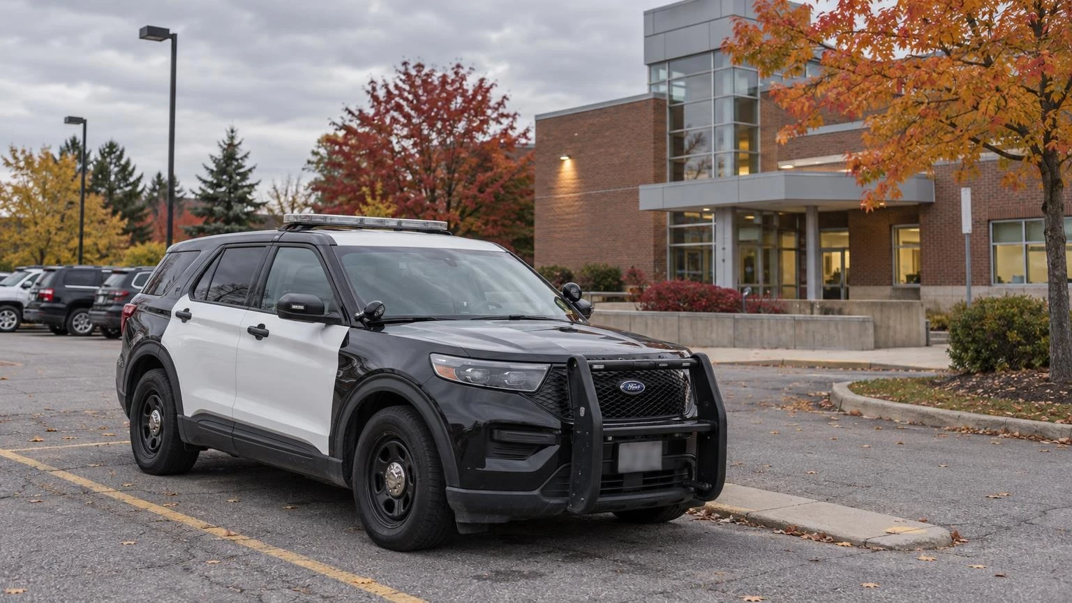 An Ontario police cruiser parked outside a station on an overcast fall day.