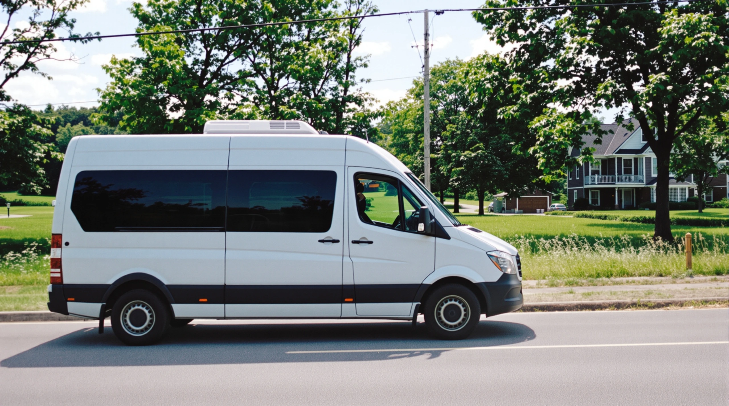 A small passenger van sits parked on a rural road in Caledon with green trees and farmland in the background.
