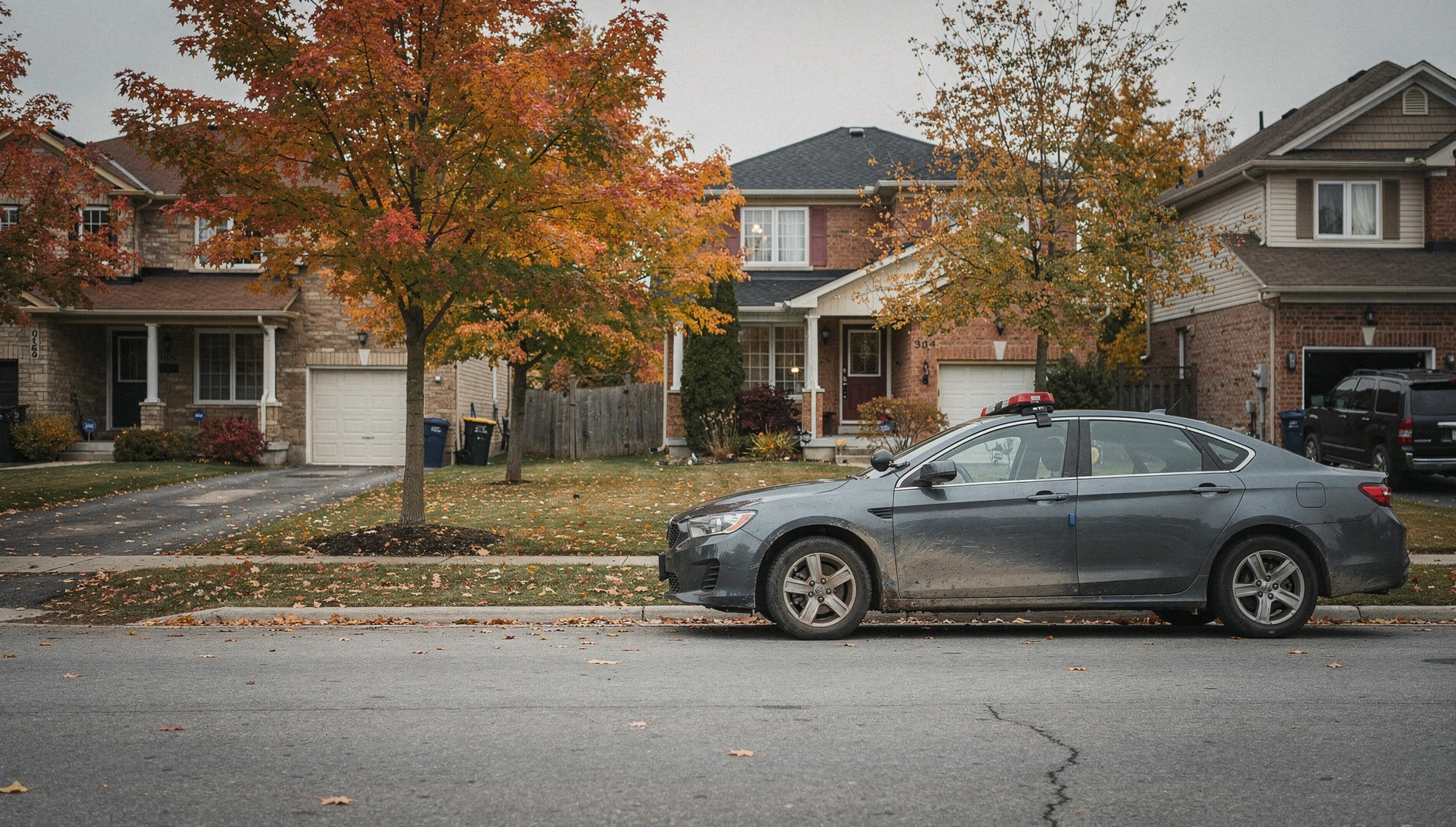 An unmarked police car parked on a tree-lined suburban street in autumn.