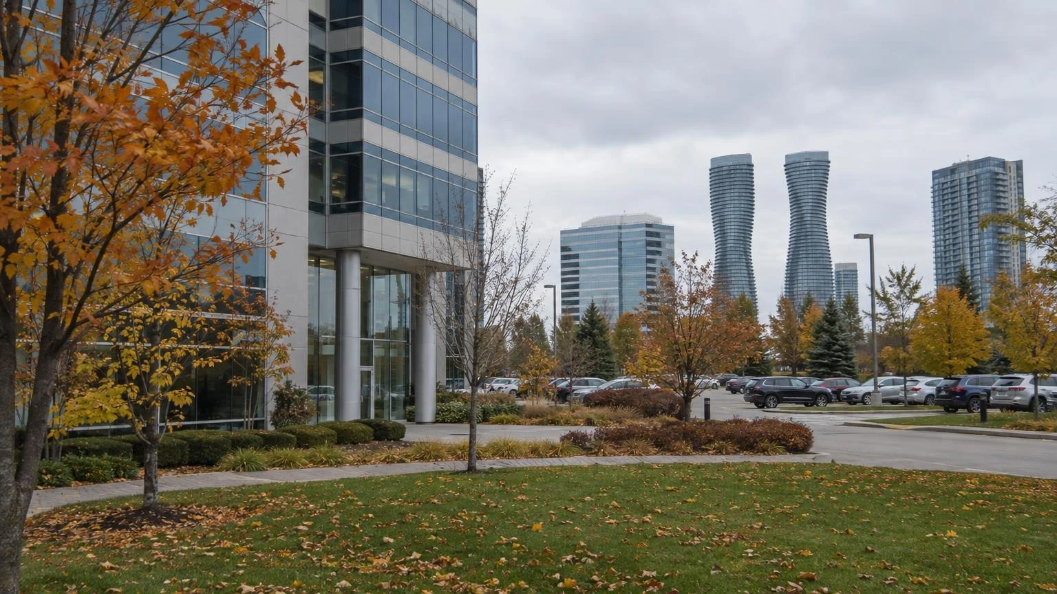 An office building exterior in a Mississauga business park during the autumn.