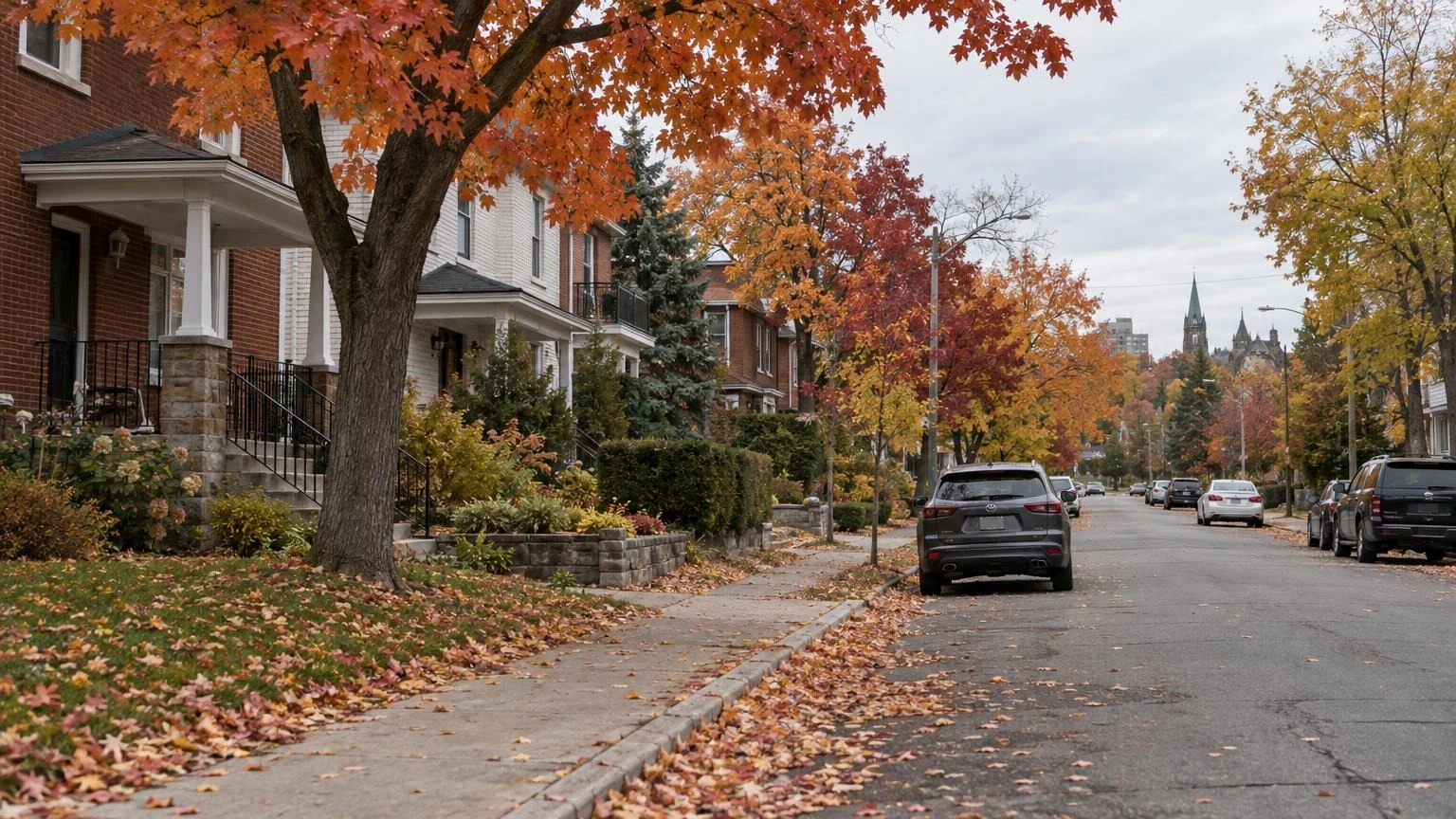An autumn residential street in an older Ottawa neighbourhood with mature maple trees and a mix of houses.