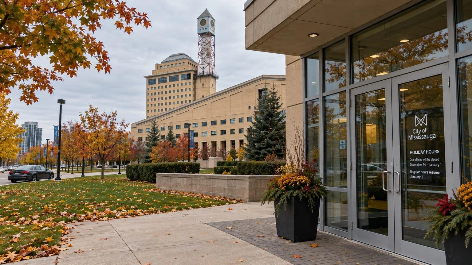 A close-up of a closed public building entrance in Mississauga with autumn leaves on the ground.