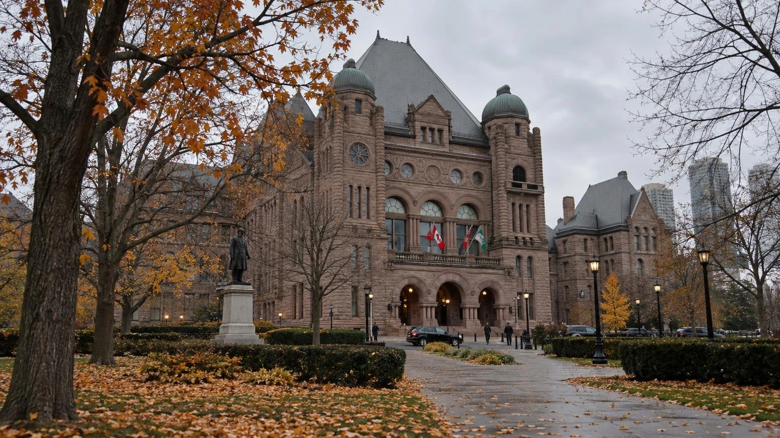 The exterior of the Ontario Legislative Building at Queen's Park in Toronto during autumn.