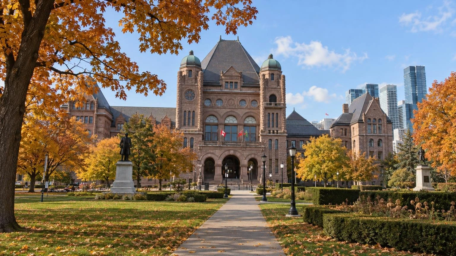 A wide shot of the Ontario Legislative Building at Queen's Park under an autumn sky.