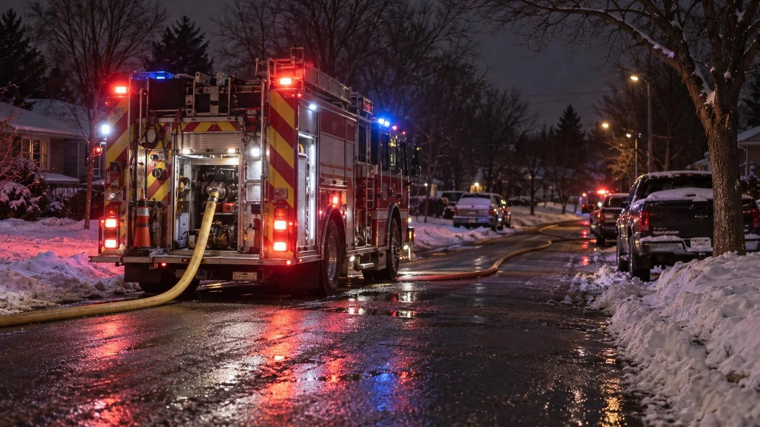 A close-up of a red fire truck parked on a residential street at night with flashing emergency lights.