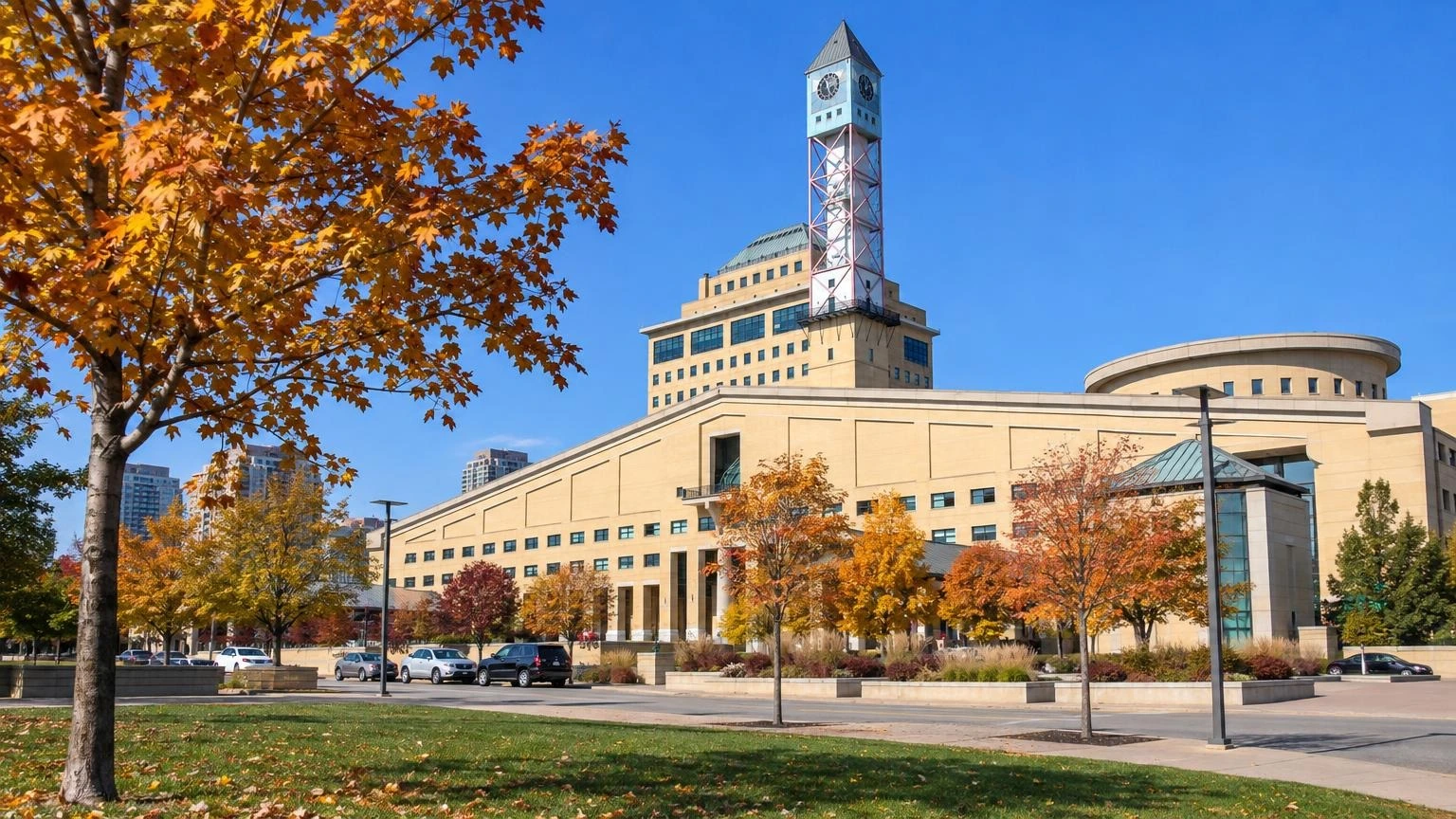 An illustration of the Mississauga Civic Centre exterior on a bright autumn day.