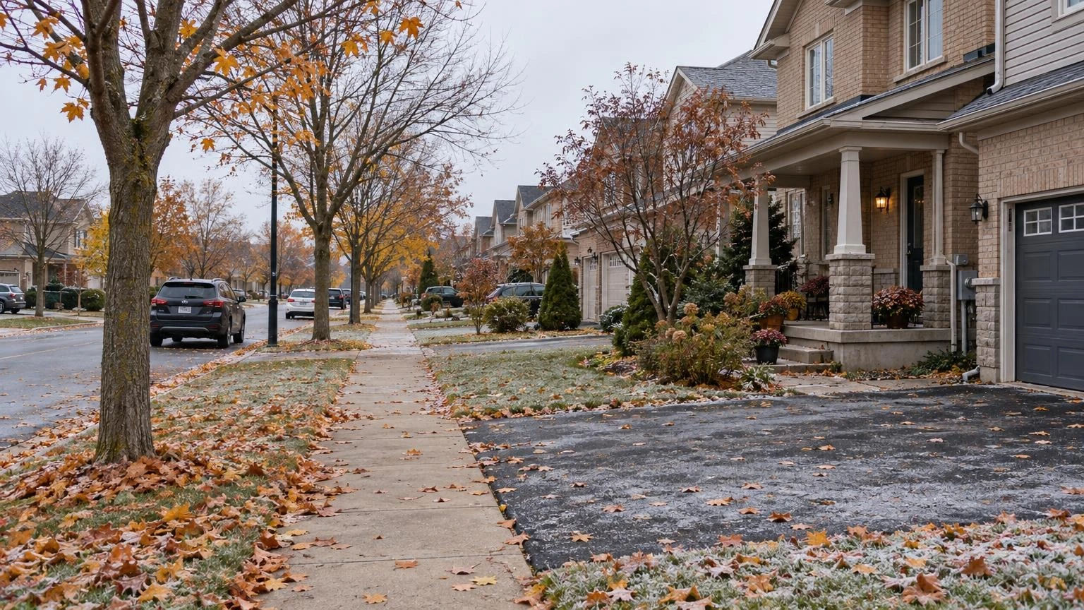A suburban street in Whitby, Ontario, featuring a residential driveway and sidewalk under a light dusting of autumn leaves and early frost.