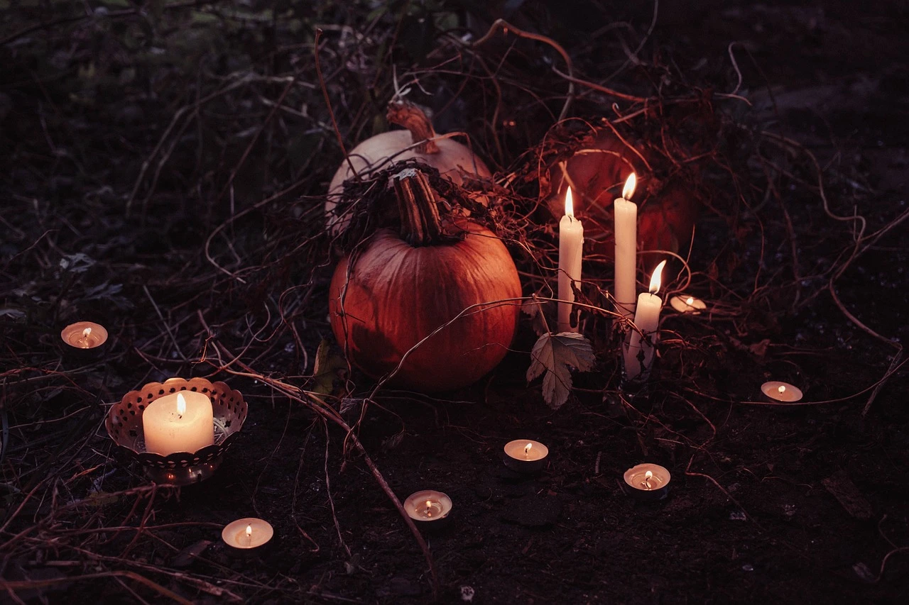 Illustration of pumpkins beside an outdoor path with autumn leaves in Markham.