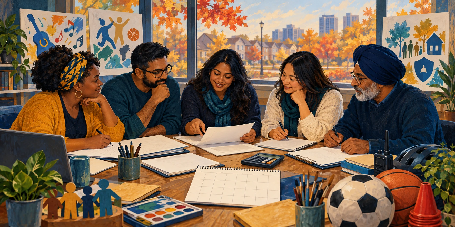 AI-generated conceptual illustration of volunteers preparing a community project application; not actual Advance Brampton Fund recipients.