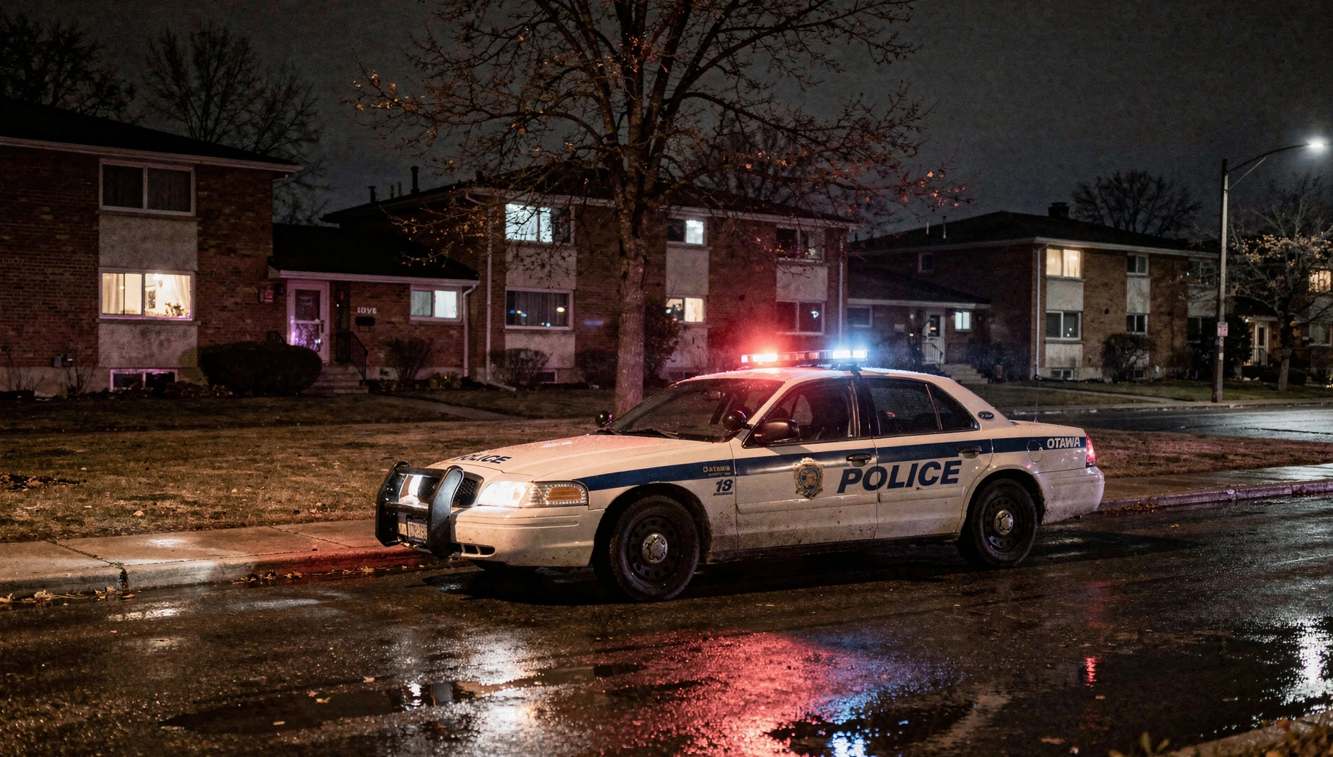 A police cruiser with emergency lights glowing on a dark residential street in south Ottawa in autumn.