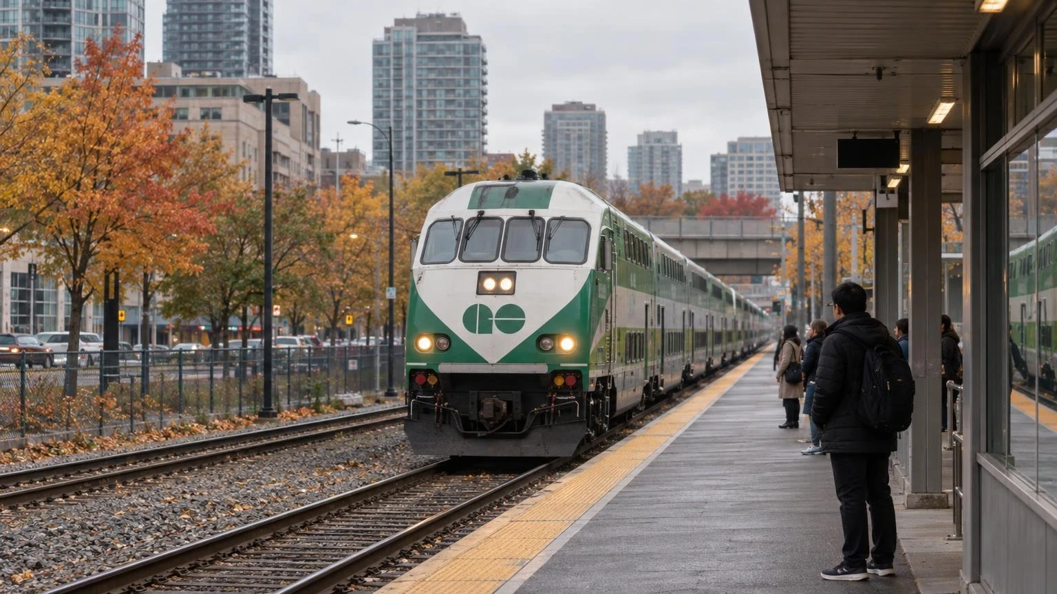 A commuter train at a GO station platform in autumn