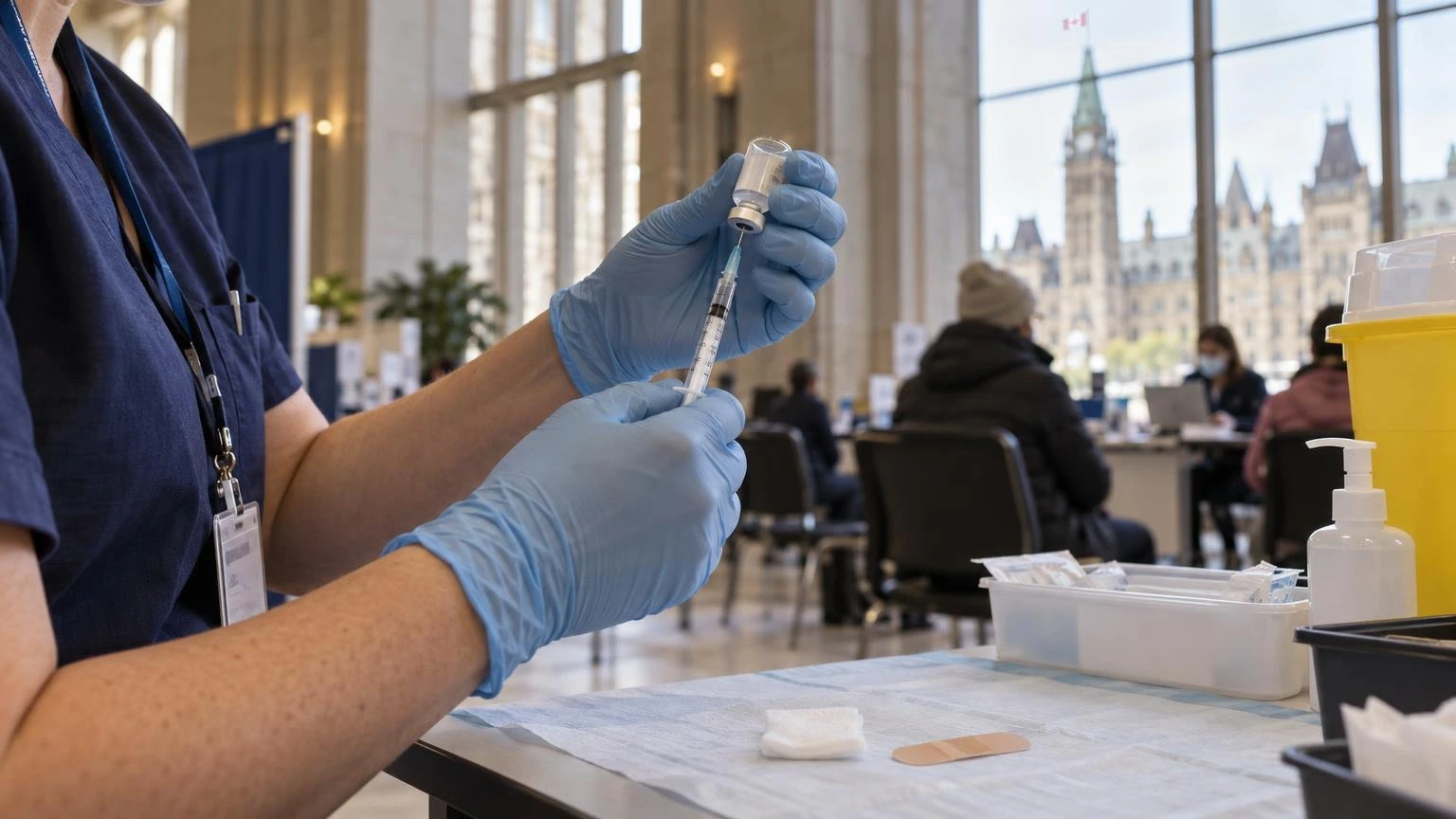 A nurse's gloved hands prepare a vaccine syringe at a clinic immunization station.