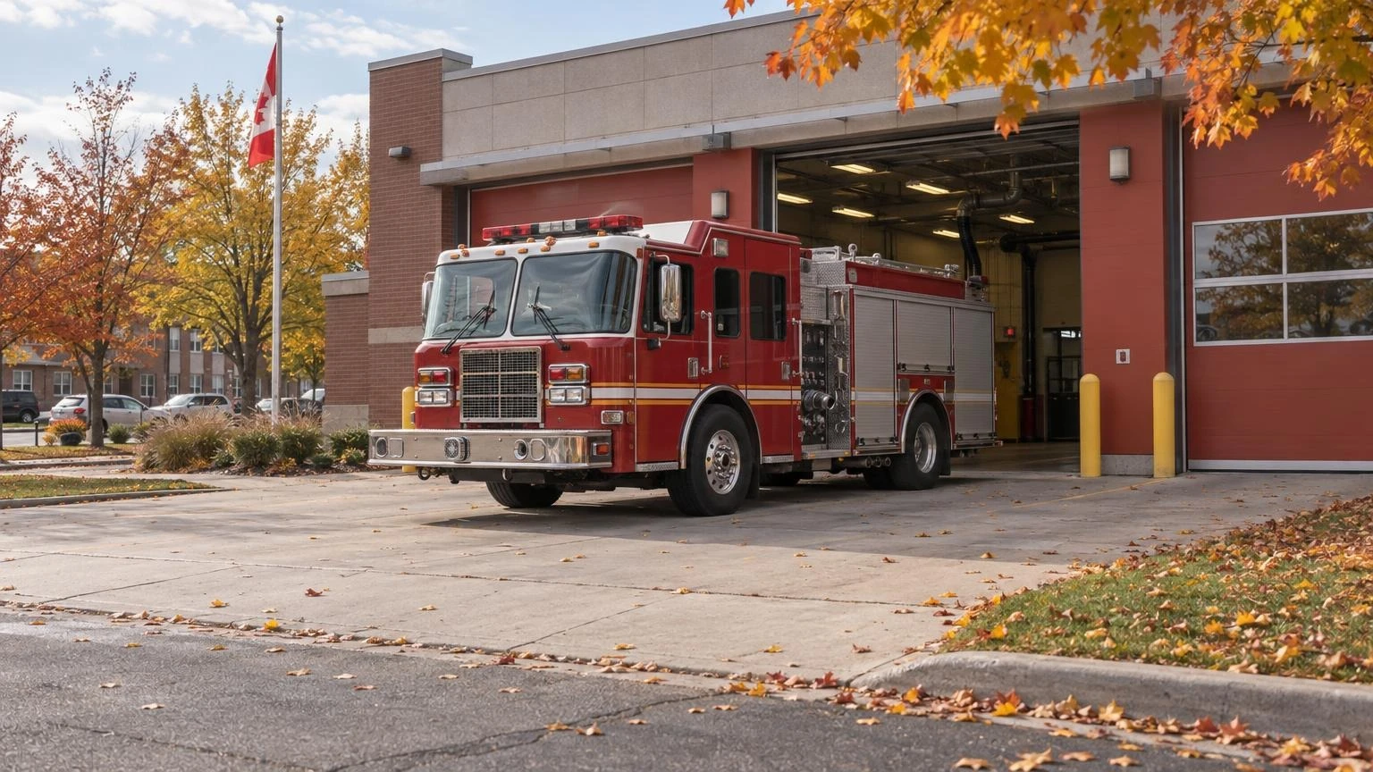 A red fire truck parked in front of a fire station during a daytime event.
