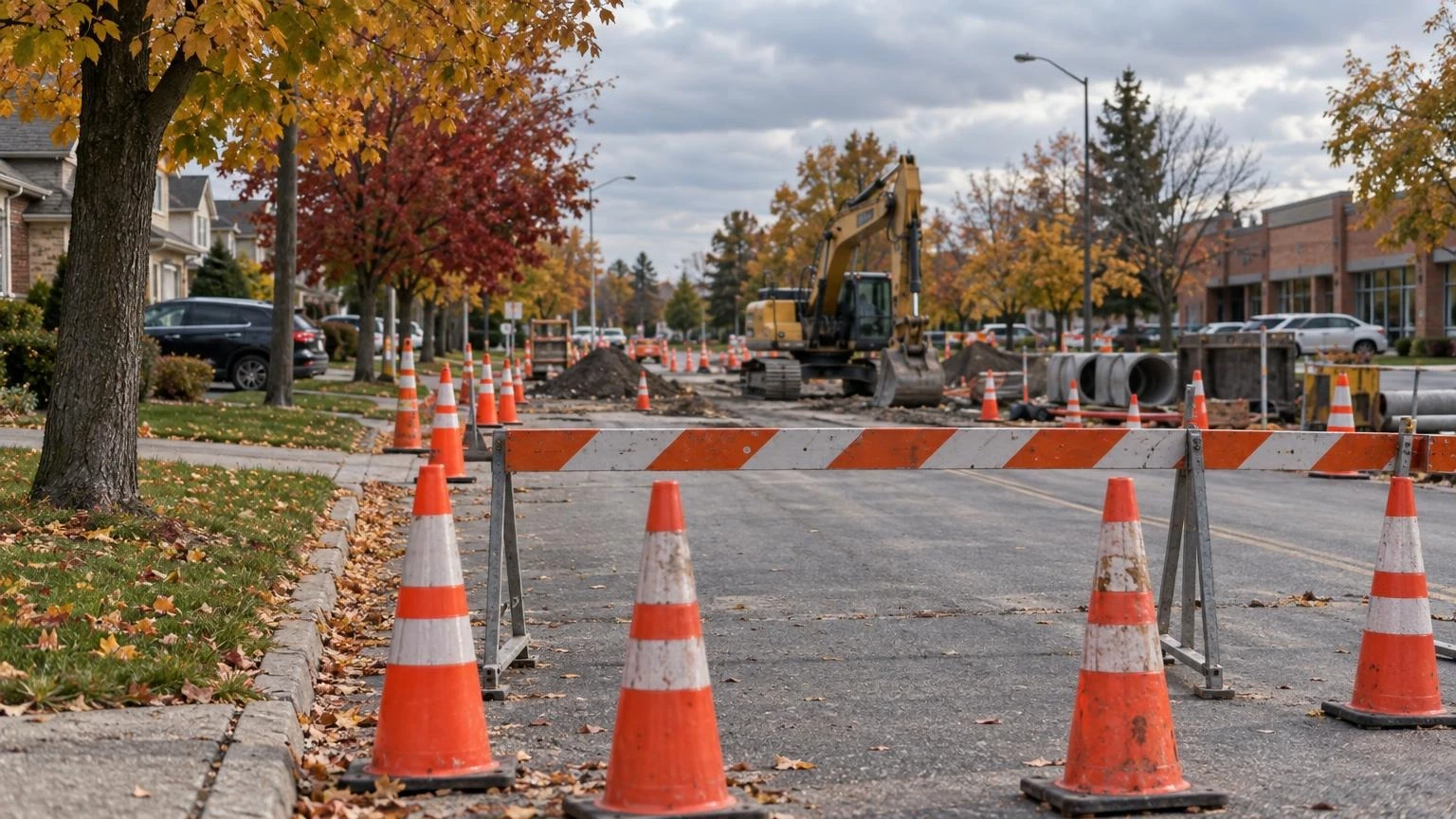 An illustration of a suburban road in Pickering closed with traffic cones and construction equipment during autumn.