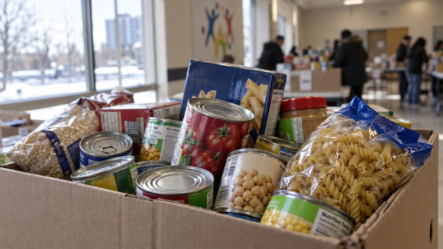 A close-up of a cardboard box filled with canned goods and dry pasta on a wooden table in a community centre.